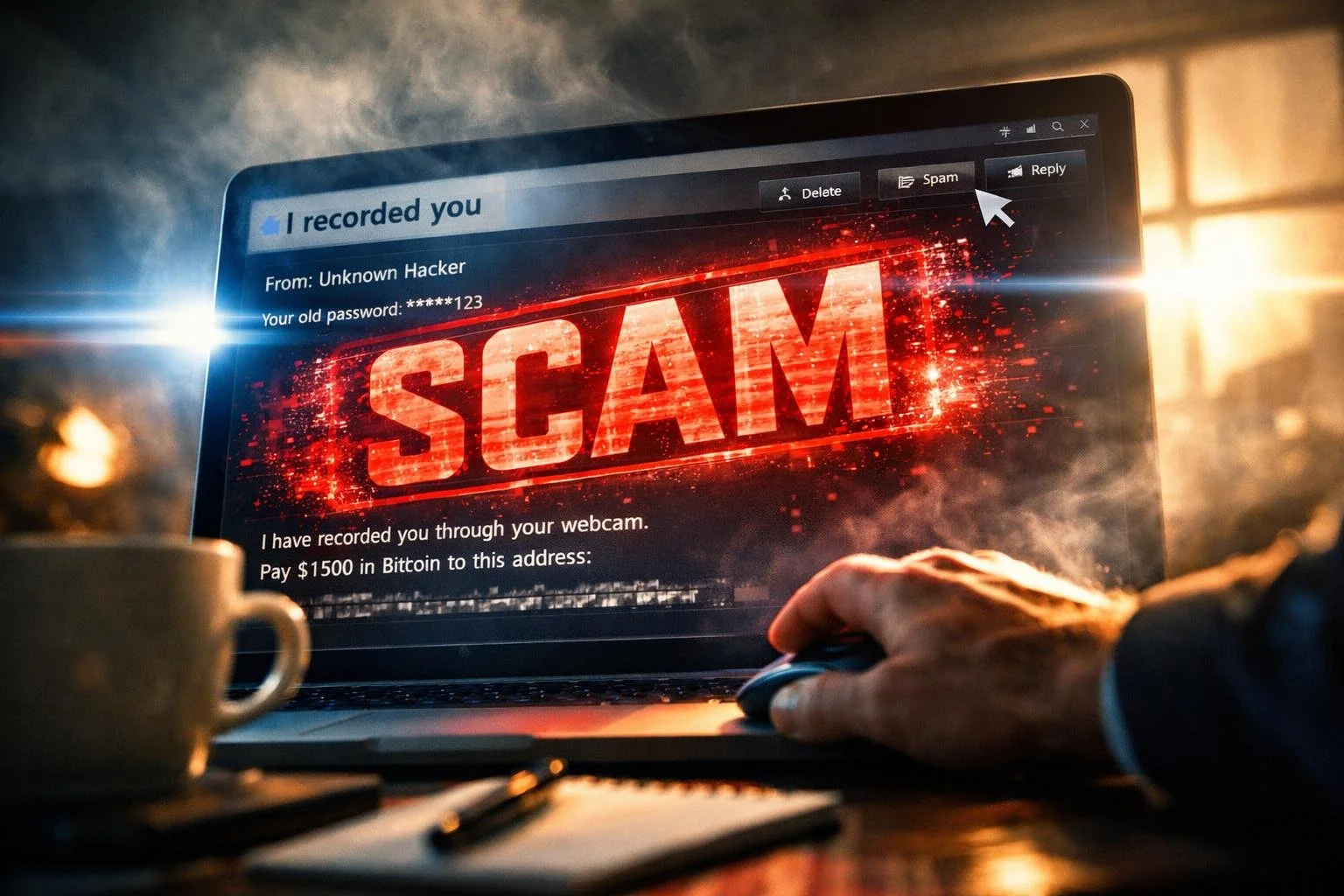 laptop screen displaying sextortion scam email