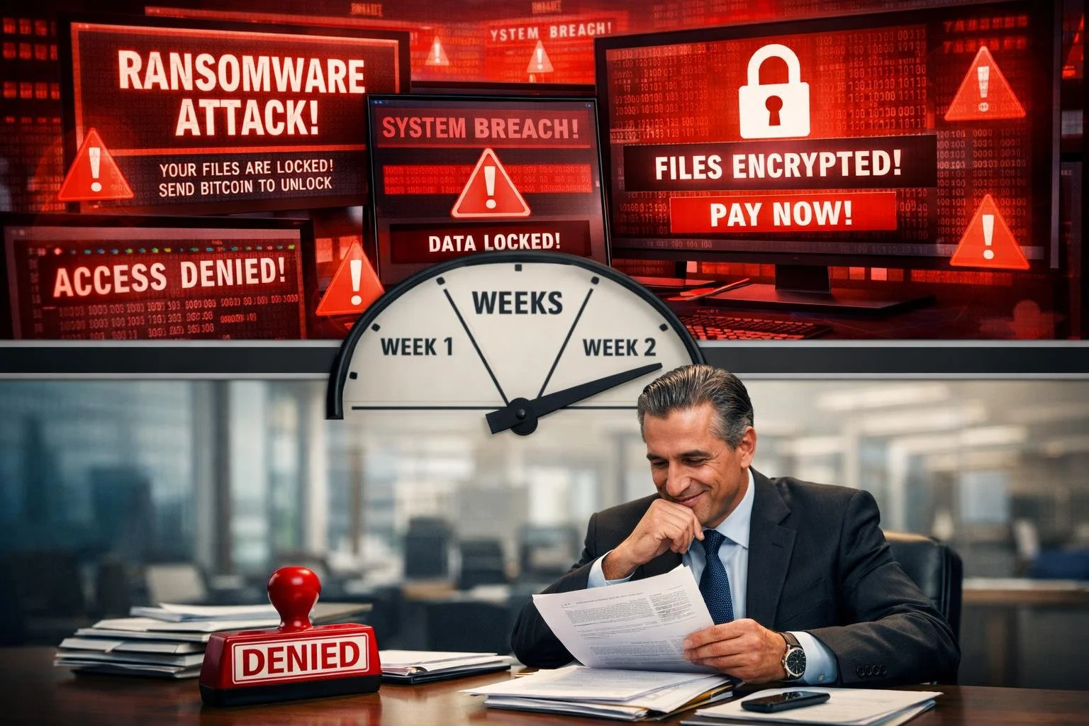 Split timeline showing: top half - ransomware attack in progress with red emergency alerts and locked files; bottom half - insurance adjuster slowly reviewing documents and red "DENIED" stamp waiting in hand. Time clock showing weeks passing.