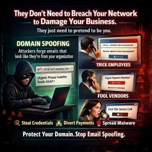 Infographic warning against email spoofing and phishing, showing hackers impersonating employees, vendors, and organizations to steal credentials and spread malware, with tips to protect domains and stop email spoofing.