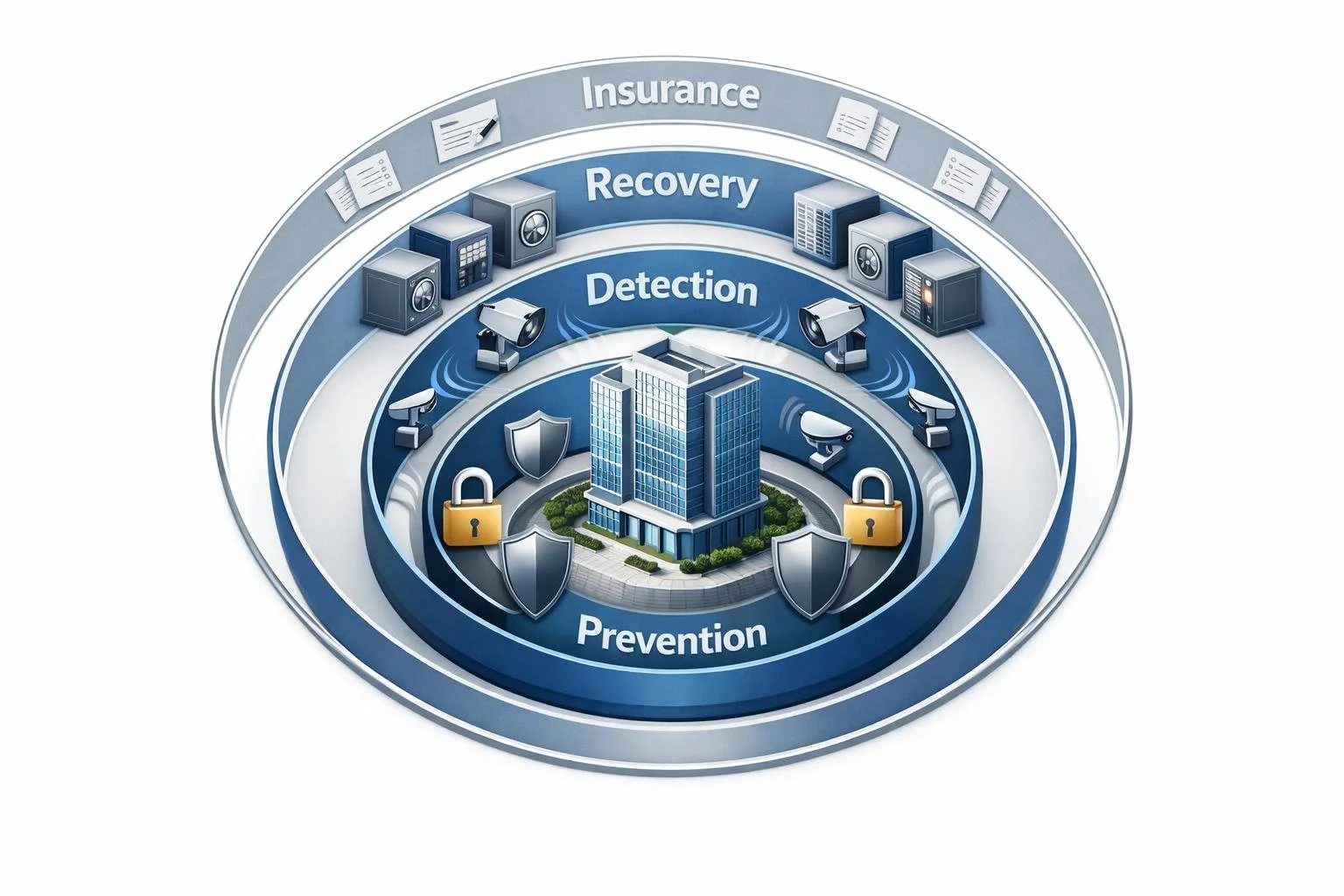 Four concentric protective layers around a business building: innermost layer "Prevention" (shields and locks), second layer "Detection" (radar and sensors), third layer "Recovery" (backup vaults), outermost thin layer "Insurance" (legal documents).