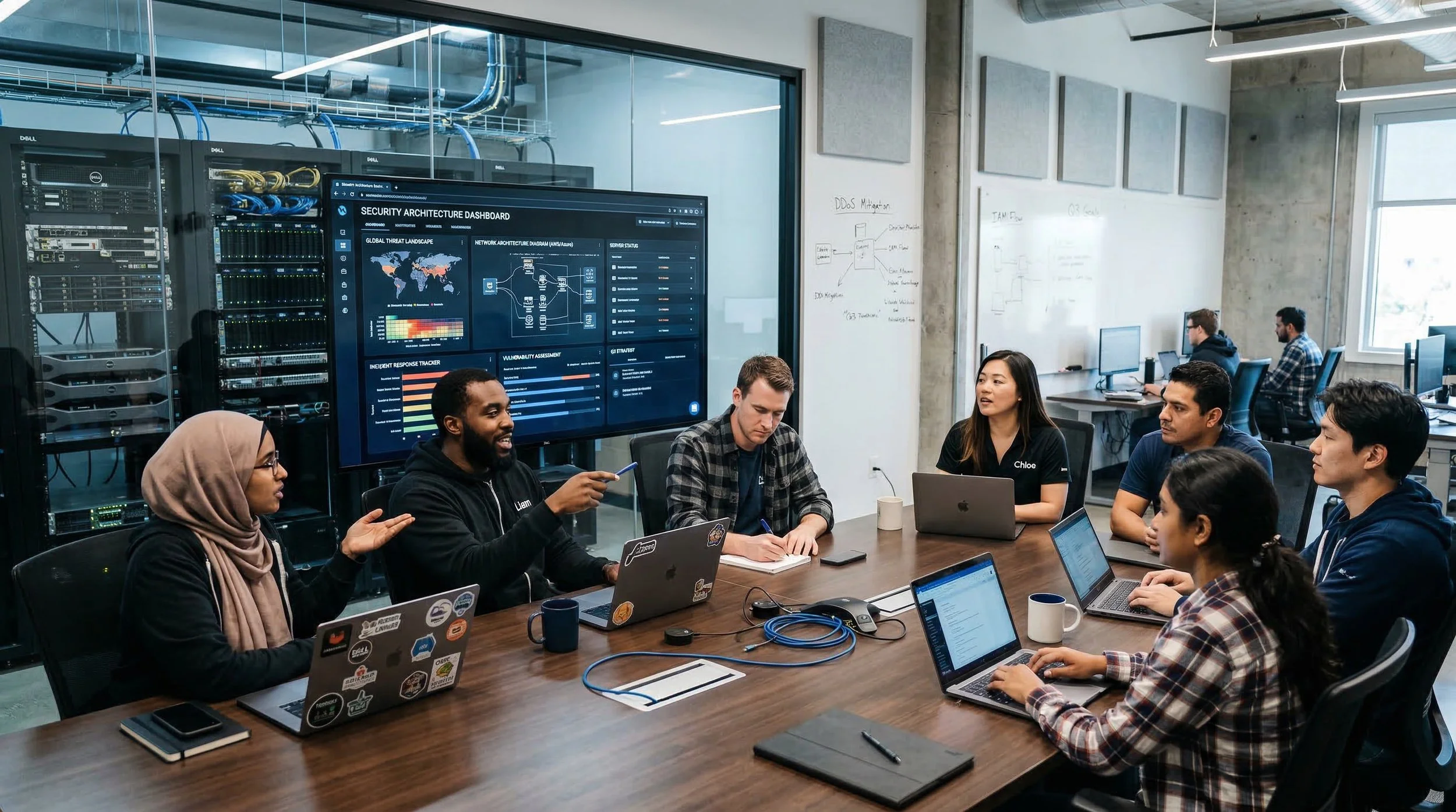 Collaborative security team meeting around sleek conference table with large monitor displaying a security architecture dashboard.