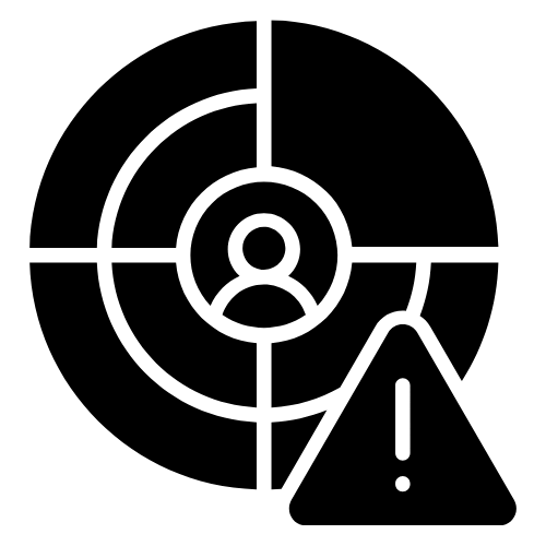 a black target/radar with a person in the middle, warning symbol to the right