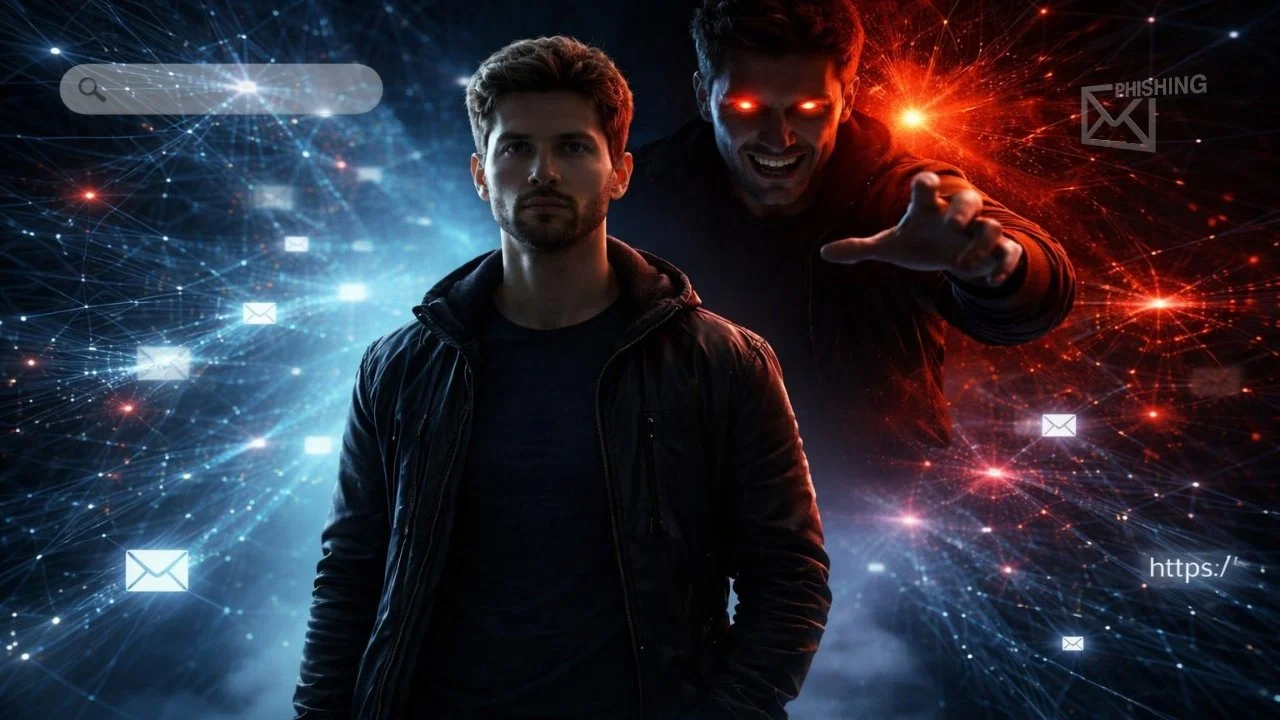 tech professional standing in cool blue light, their exact evil twin doppelganger emerging from pitch black shadow directly behind them in sinister red-orange glow, evil expression