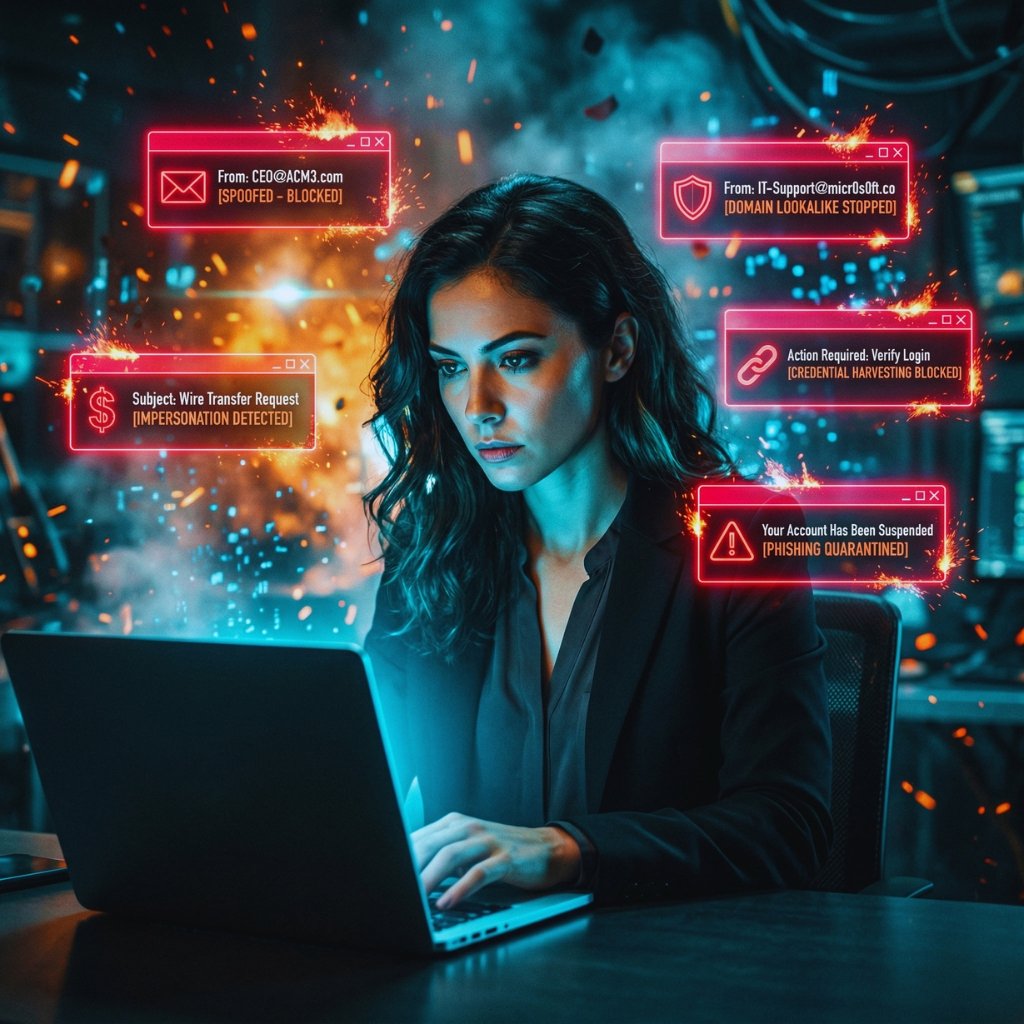 A woman working on a laptop in a high-tech environment with neon digital icons related to cybersecurity and encryption floating around her.