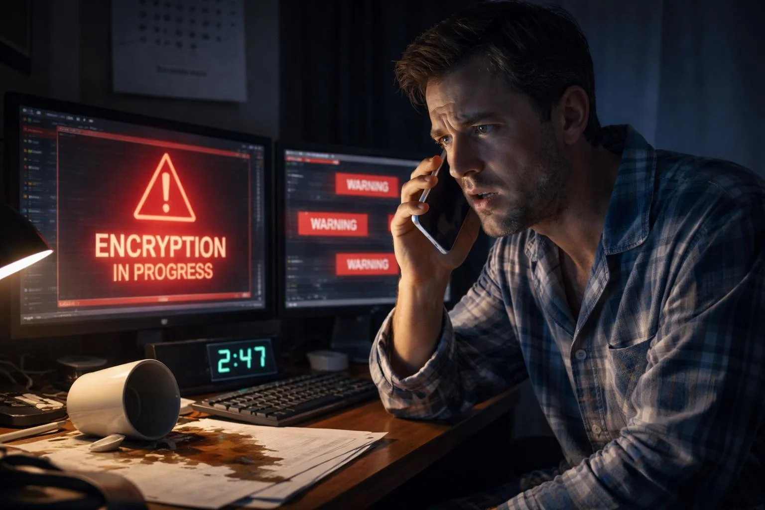 A tense office scene at 2:47 AM. Small business owner in pajamas making a phone call. Dark home office with computer screens in background showing red warning alerts