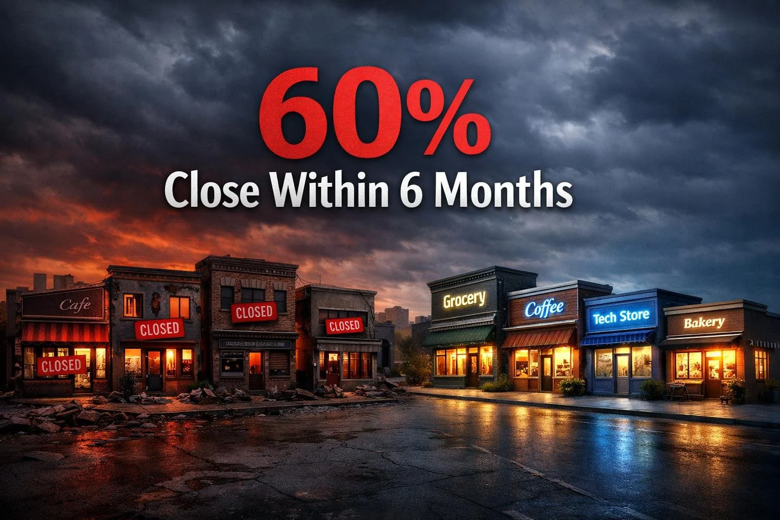 10 small business buildings, 6 of them crumbling or dark/closed with "CLOSED" signs, 4 still standing lit up. Large text overlay "60% Close Within 6 Months