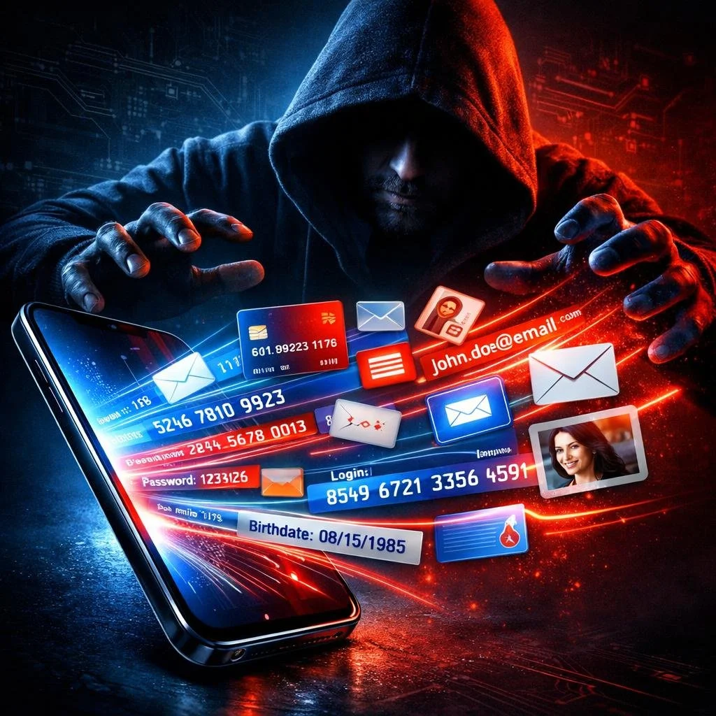 smartphone tilted at dramatic angle, vivid streams of credit cards, bank account numbers, passwords, personal photos, emails flowing away from screen. Dark hooded hacker figure looming above catching the data streams.