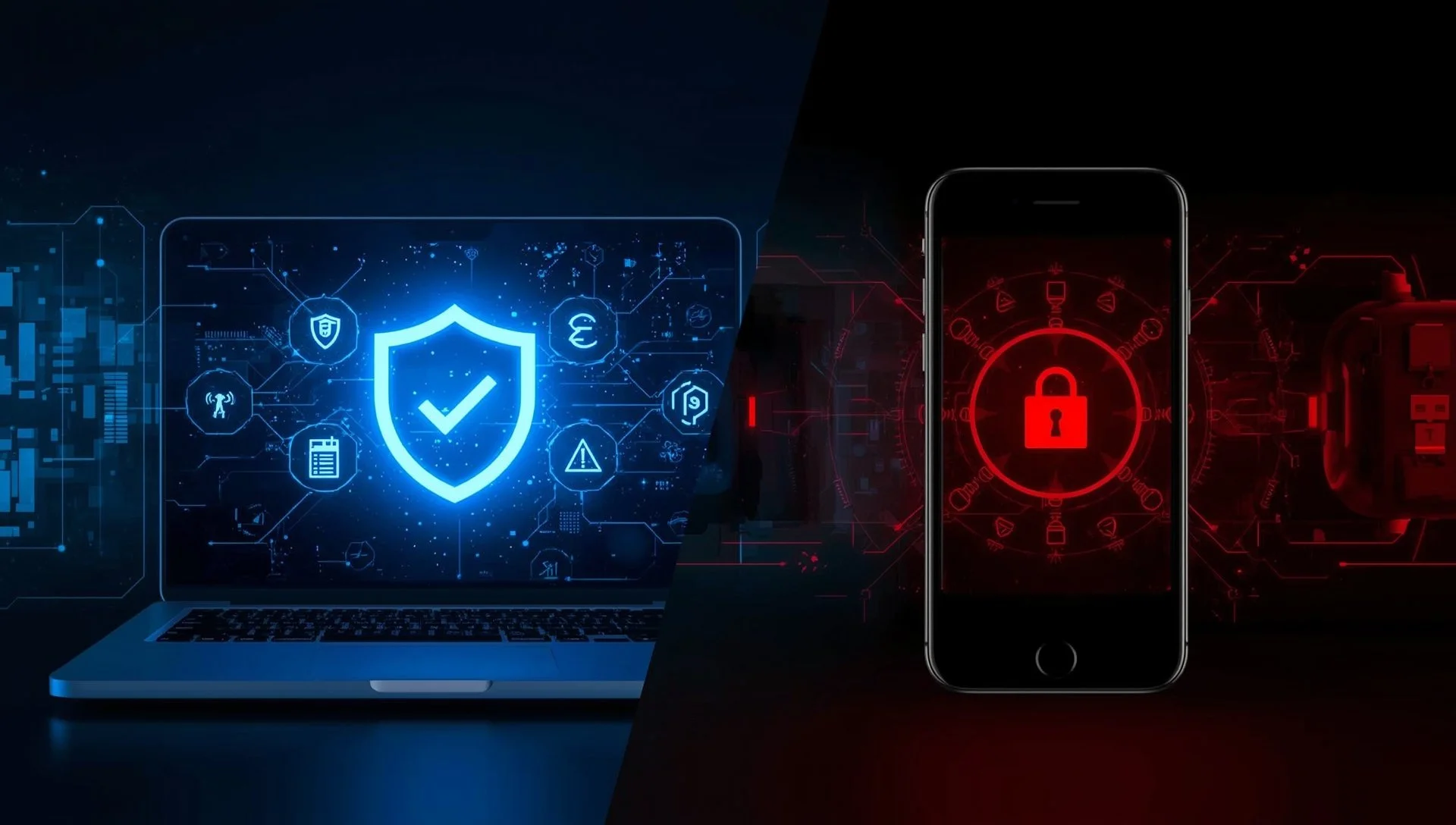 Side-by-side comparison of laptop with security protection versus smartphone with minimal security showing the security double standard