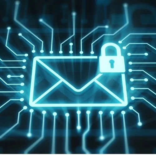 Digital illustration of an envelope with a padlock symbol, representing email security, with circuit lines in the background.