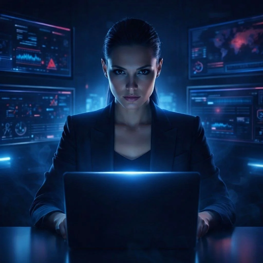 A woman in a dark suit working on a laptop in a high-tech control room with multiple monitors displaying data and graphics.