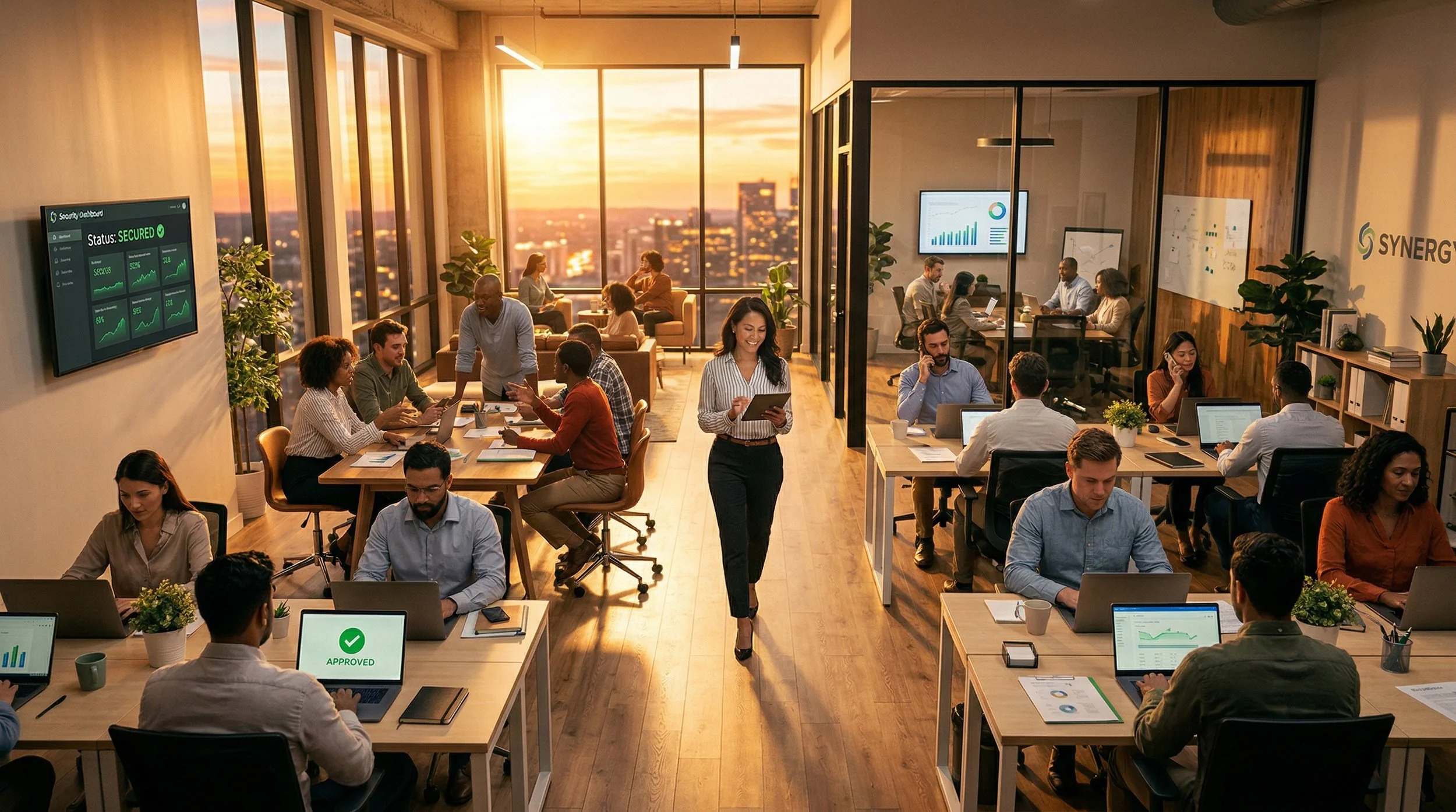 thriving small business office in golden hour lighting. Wide angle from elevated perspective showing full workspace: diverse activities (meeting, phone calls, collaboration, focused work