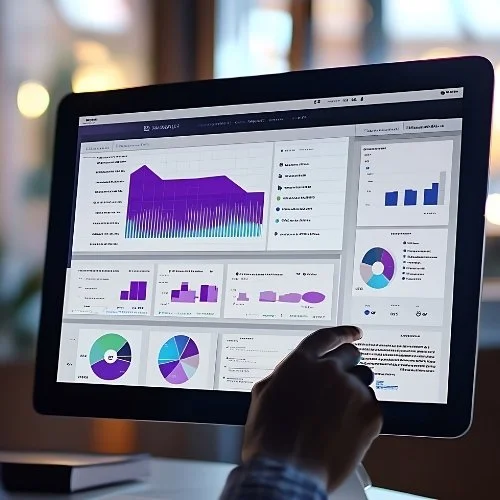 Person analyzing a tablet displaying various colorful data charts and graphs for business or data analysis.