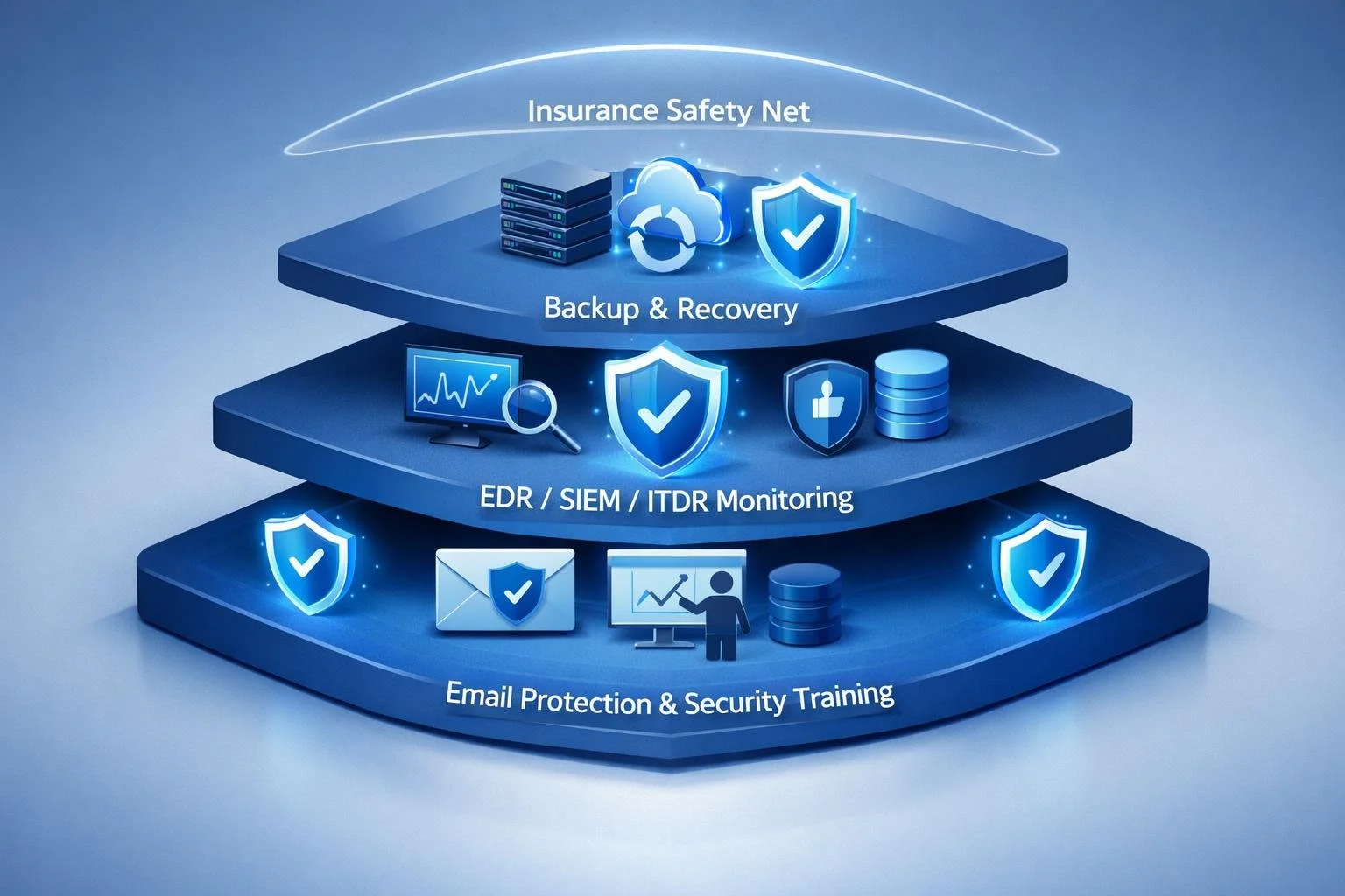 Layered defense diagram: bottom foundation showing email protection and training, middle layer with EDR/SIEM/ITDR monitoring, top layer with backup recovery, thin insurance safety net at very top.