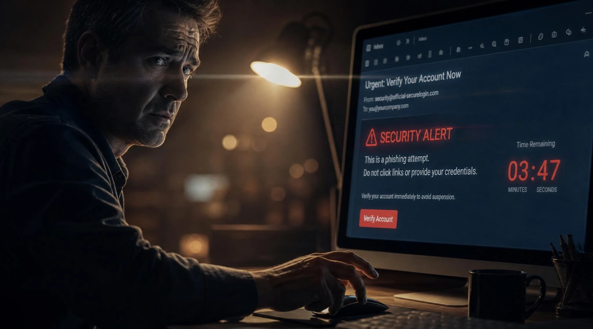 office worker at desk in dramatic side profile, hand frozen mid-motion hovering directly over mouse button about to click malicious phishing email