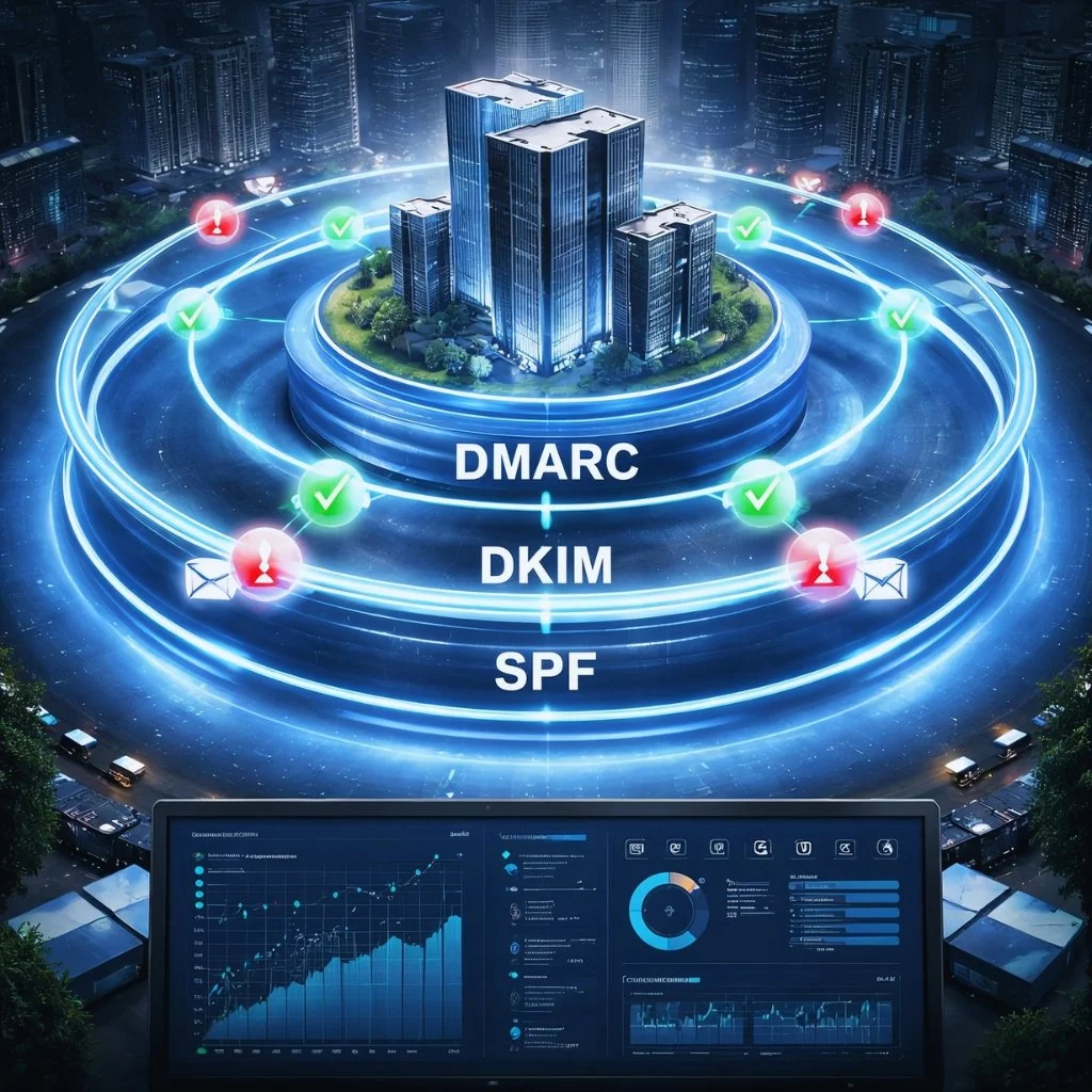 A cityscape with tall buildings surrounded by glowing rings and icons representing communication and security. Text labels 'DMARC,' 'DKIM,' and 'SPF' appear above a digital dashboard with charts and graphs.
