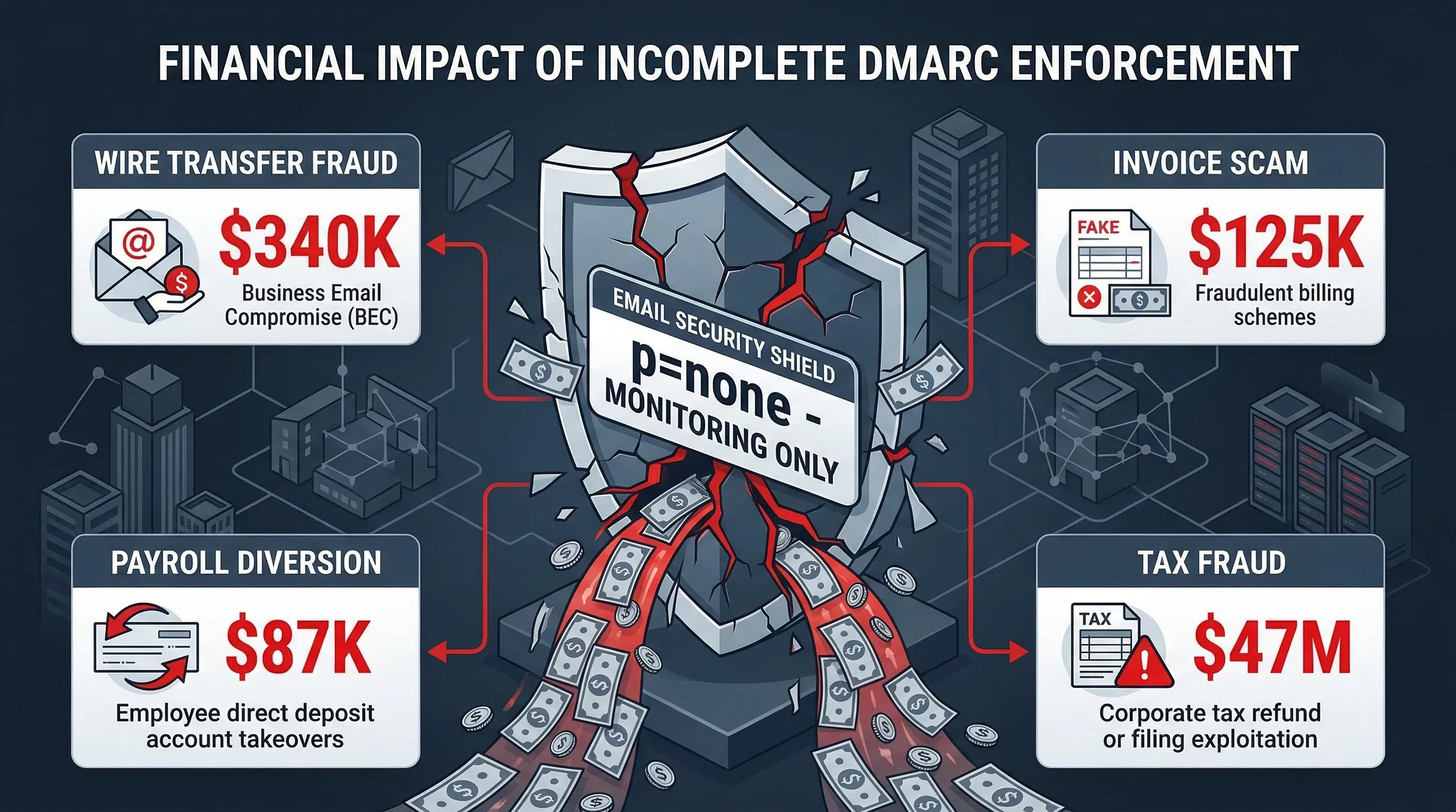 financial loss visualization showing corporate buildings/organizations with money hemorrhaging from broken email security shields.