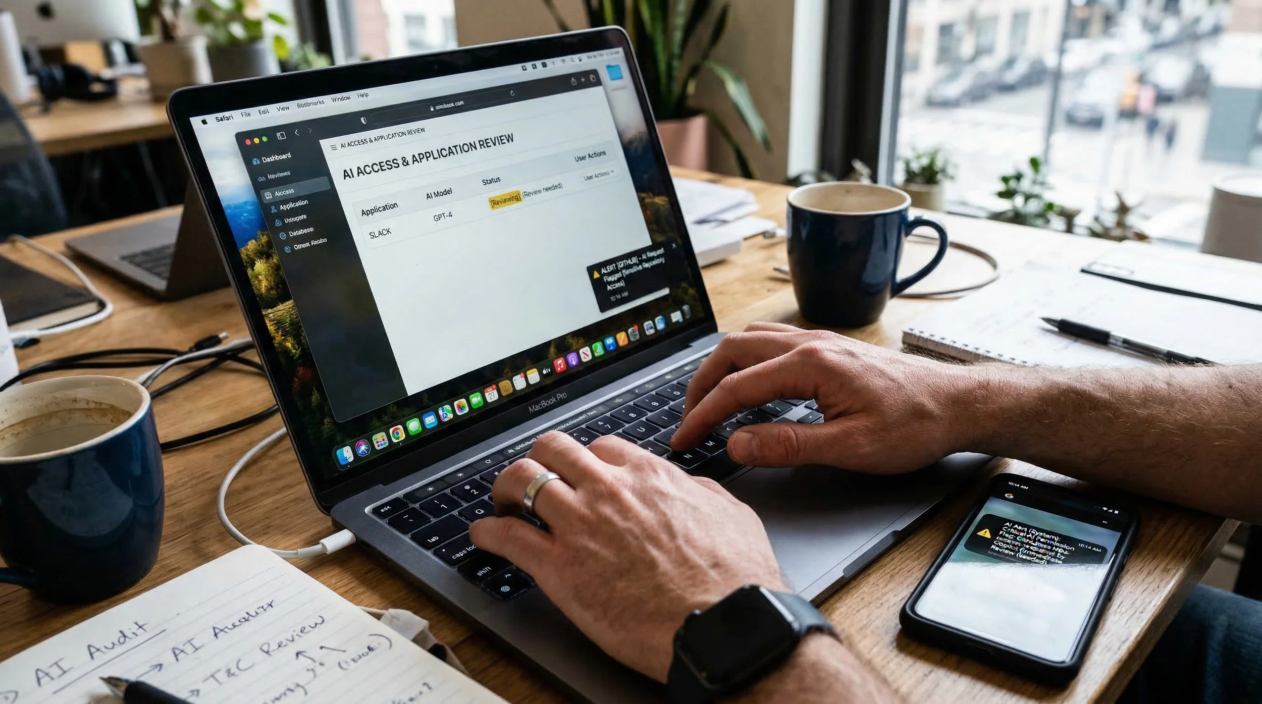 Hands typing on laptop with reviewing AI access to applications, smartphone nearby showing notification or alert.