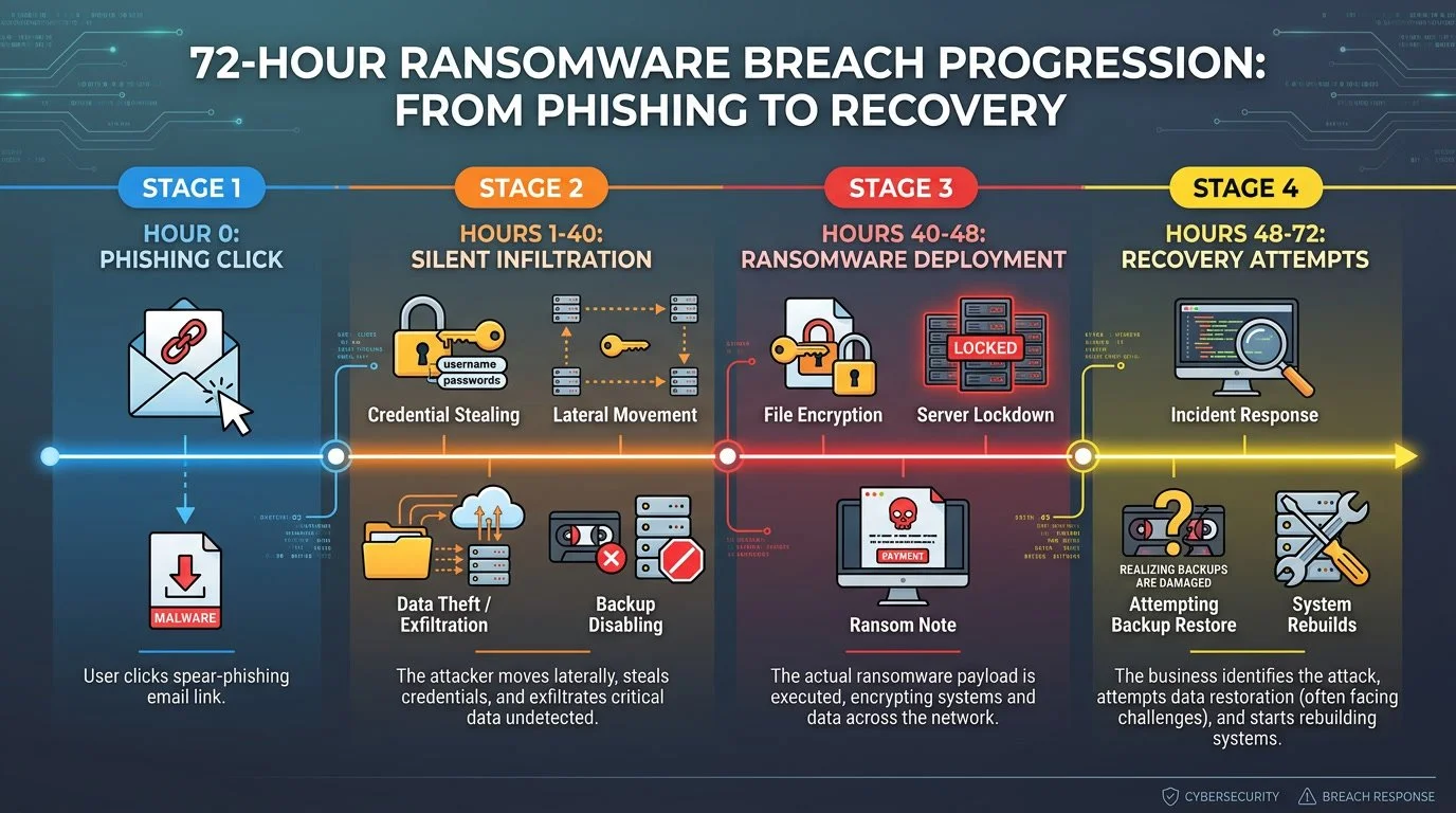 Infographic-style timeline showing 72-hour breach progression.