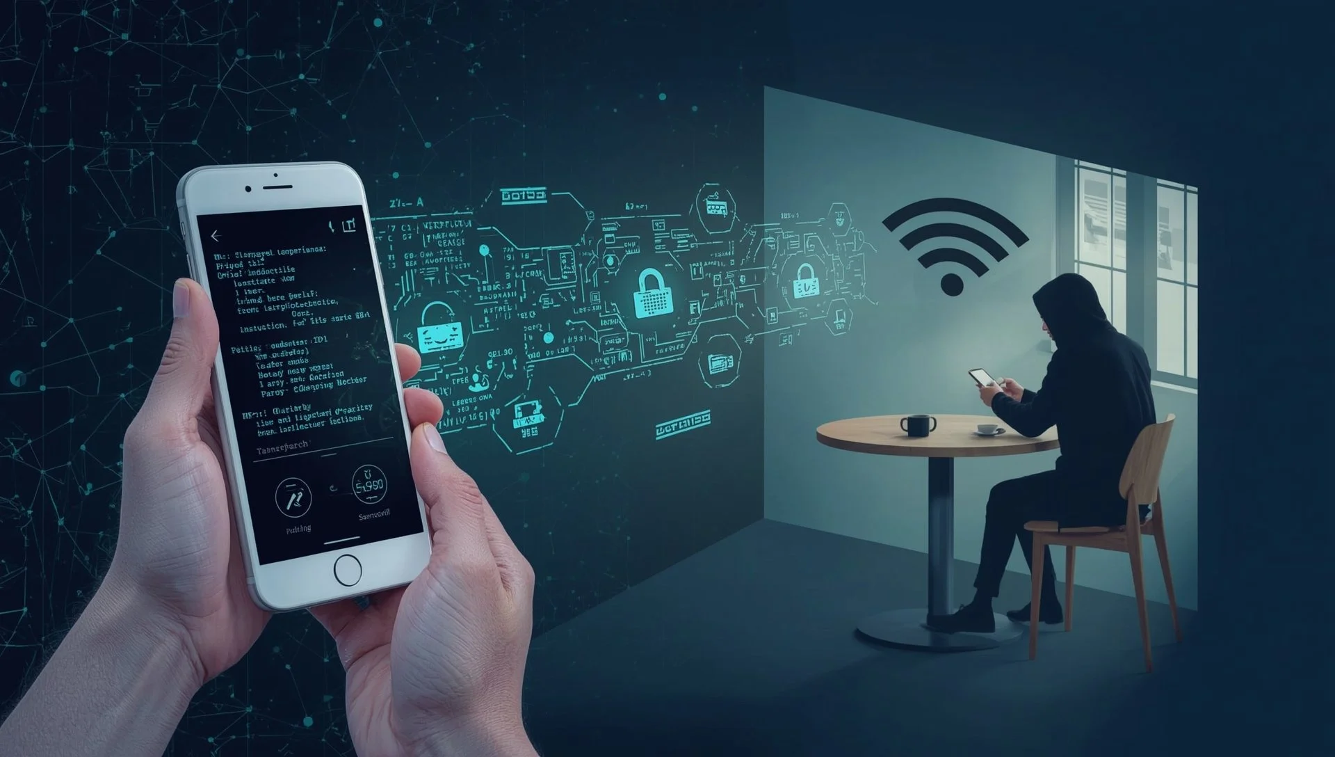 Man-in-the-middle attack visualization showing hacker intercepting data between smartphone and WiFi network at coffee shop