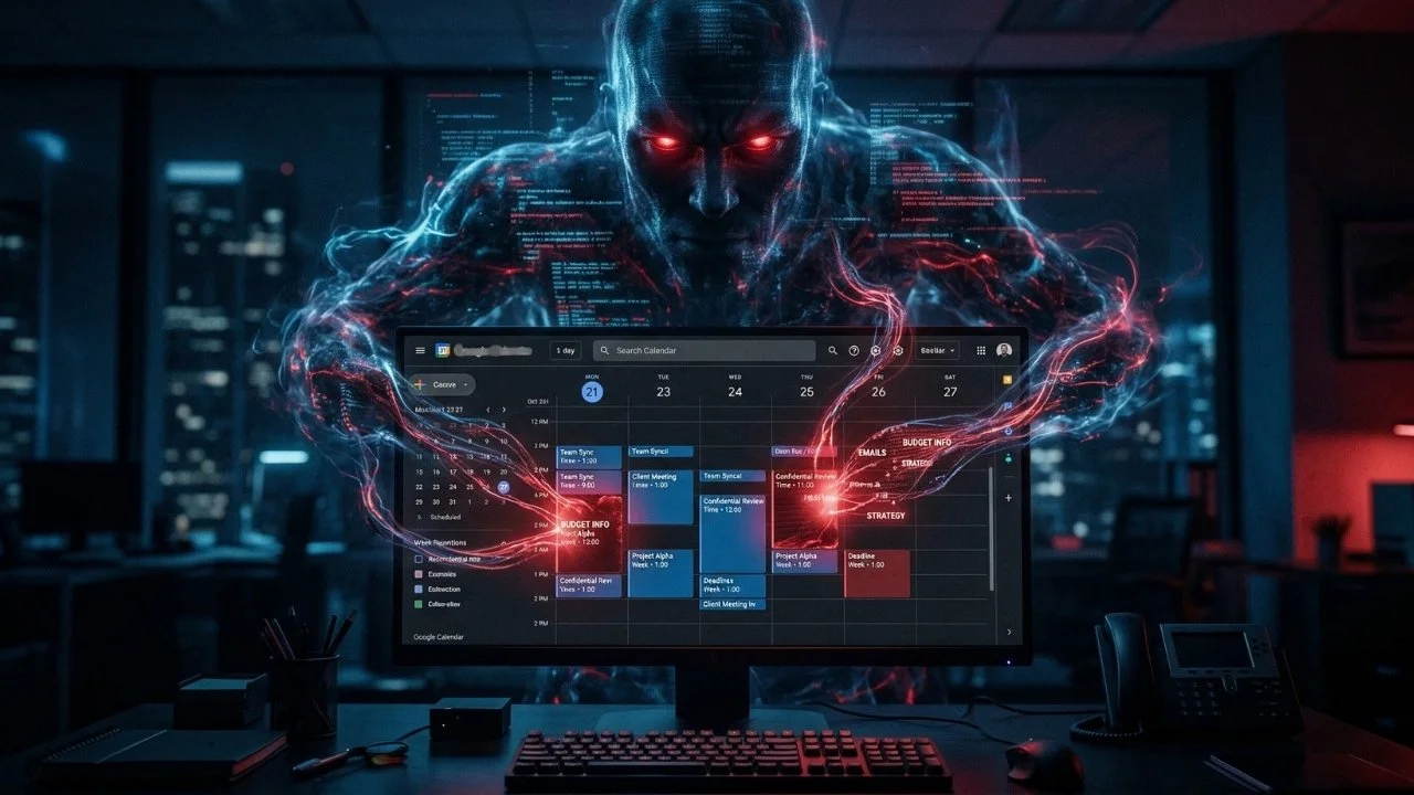Calendar interface on screen with Humanoid AI threat looming large and ominous over the calendar