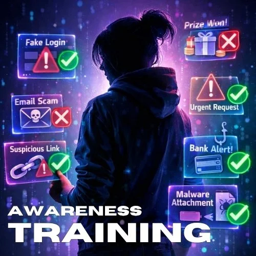 A person in dark hoodie with various cybersecurity alerts and checks shown around them, promoting awareness training.