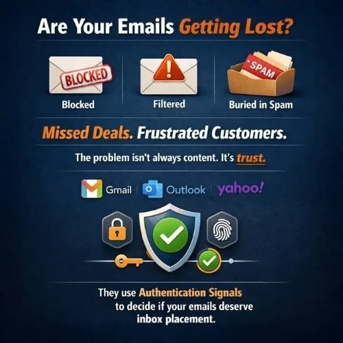 An infographic about email security and delivery issues. It shows email statuses: blocked, filtered, buried in spam, with icons and labels. It emphasizes missed deals and frustrated customers, highlighting the importance of trust and authentication signals to improve inbox placement, featuring logos of Gmail, Outlook, and Yahoo.