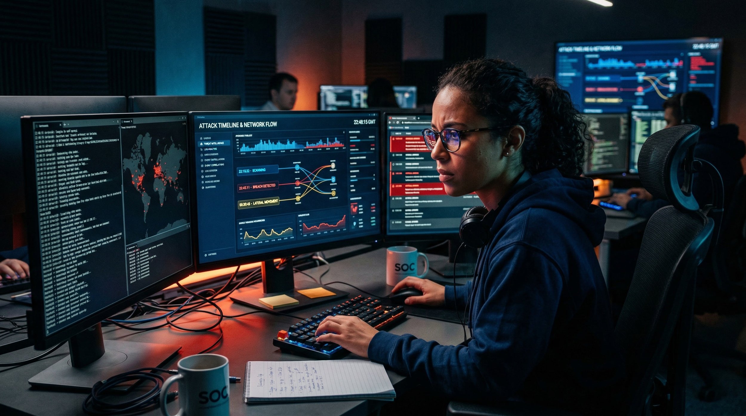 Cybersecurity analyst in dark office illuminated by multiple monitor glow, examining attack patterns and timeline visualizations on screens.