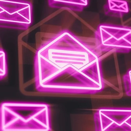 Neon pink and purple glowing email icons and envelopes, some with written messages inside, floating in a dark background.