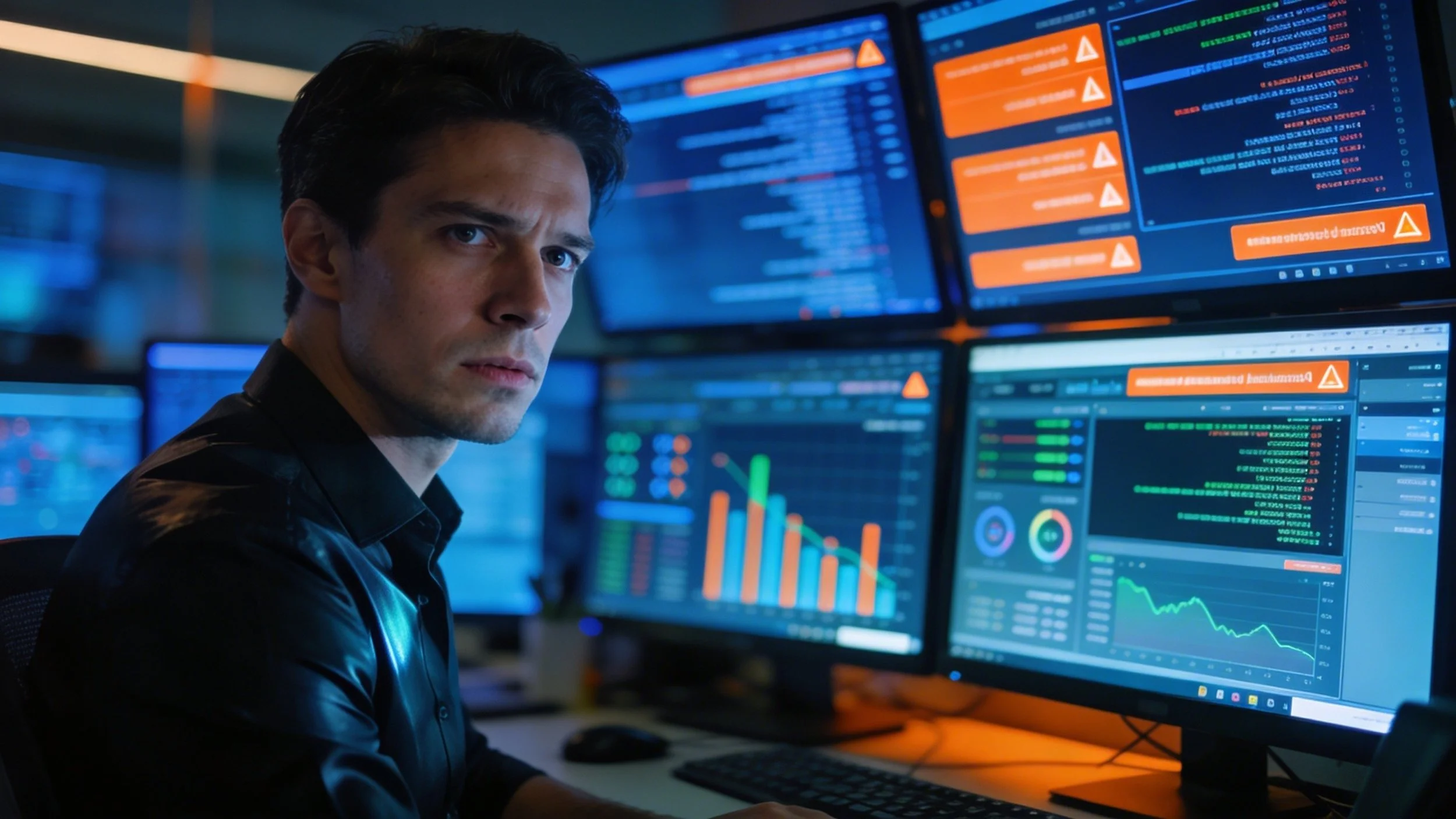 cool IT analyst at desk with multiple monitors showing dashboards, logs, alerts. Focused concentration. Modern security operations center environment