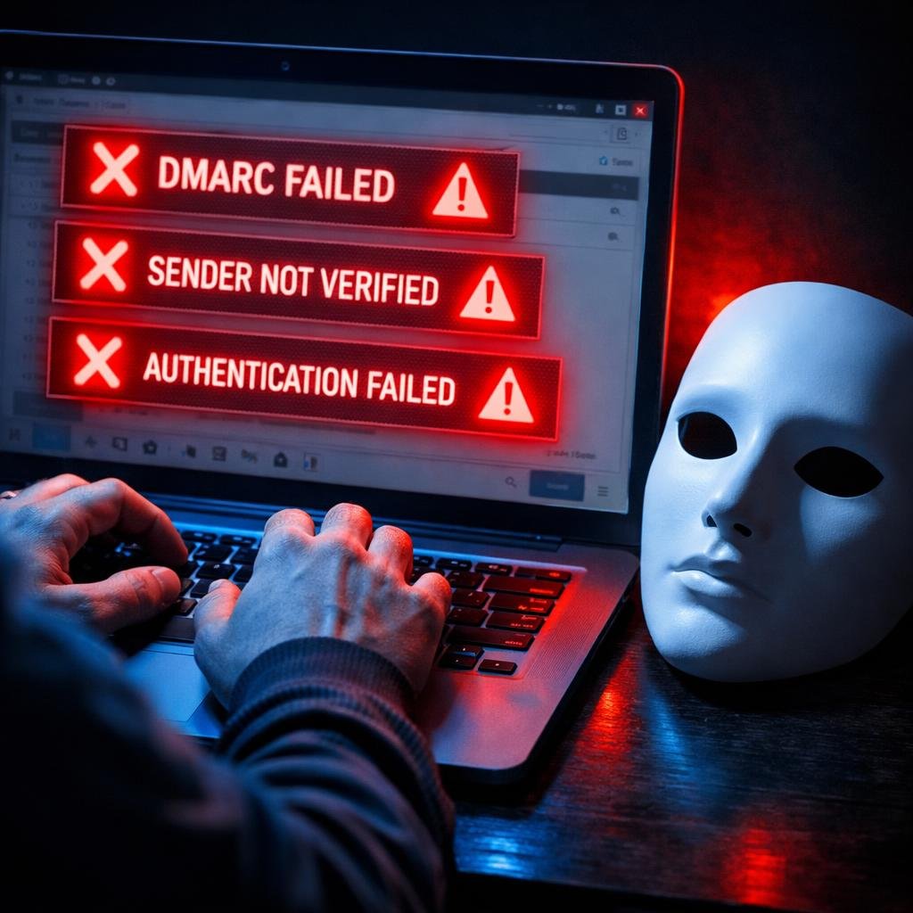 A person using a laptop with red warning messages on the screen, including 'DMARC Failed,' 'Sender Not Verified,' and 'Authentication Failed.' A white human mask sits next to the laptop on a dark desk.