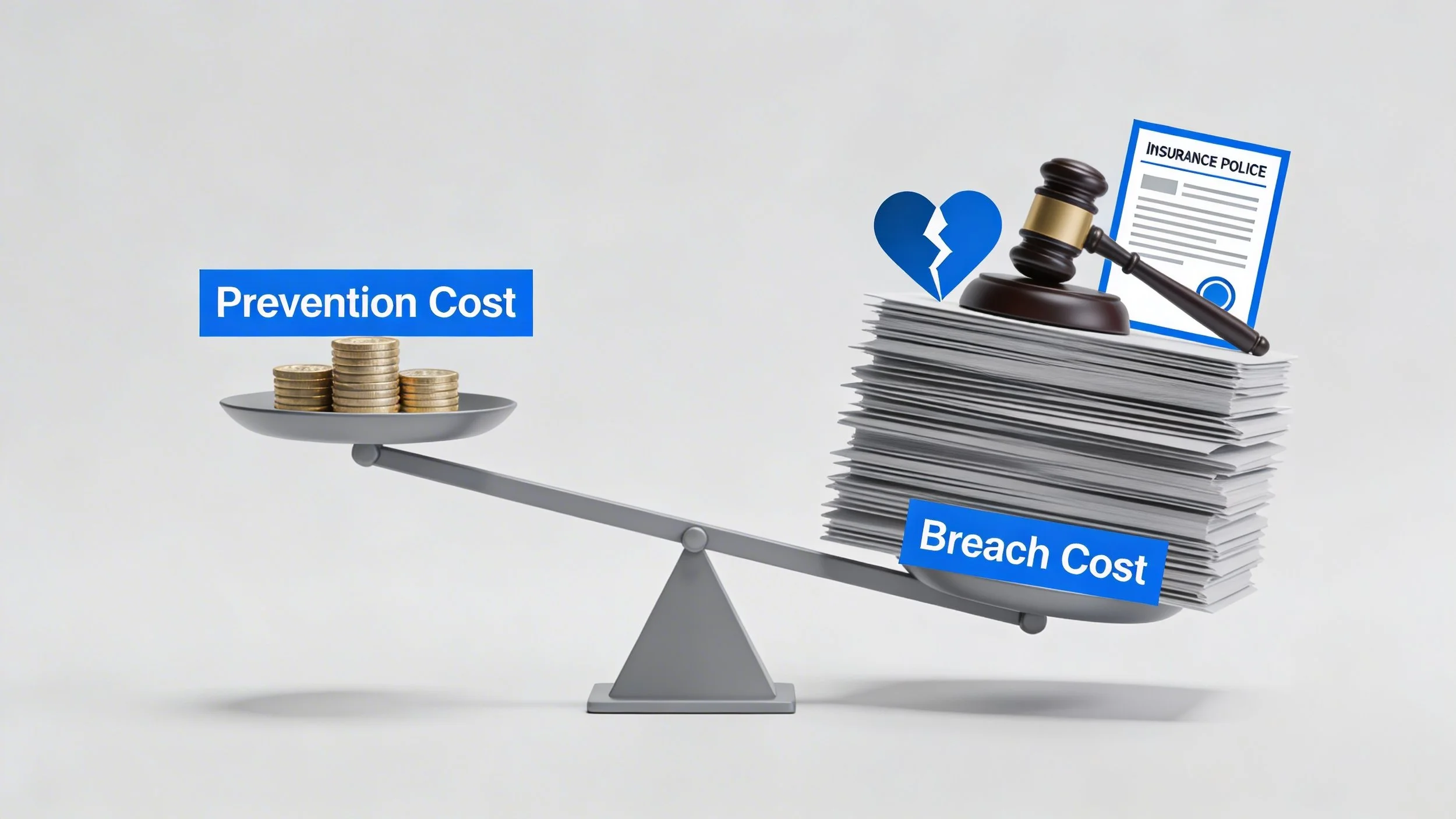 Balance scale visualization: Left side shows small stack of coins labeled 'Prevention Cost', right side shows massive stack labeled 'Breach Cost' tipping scale heavily.
