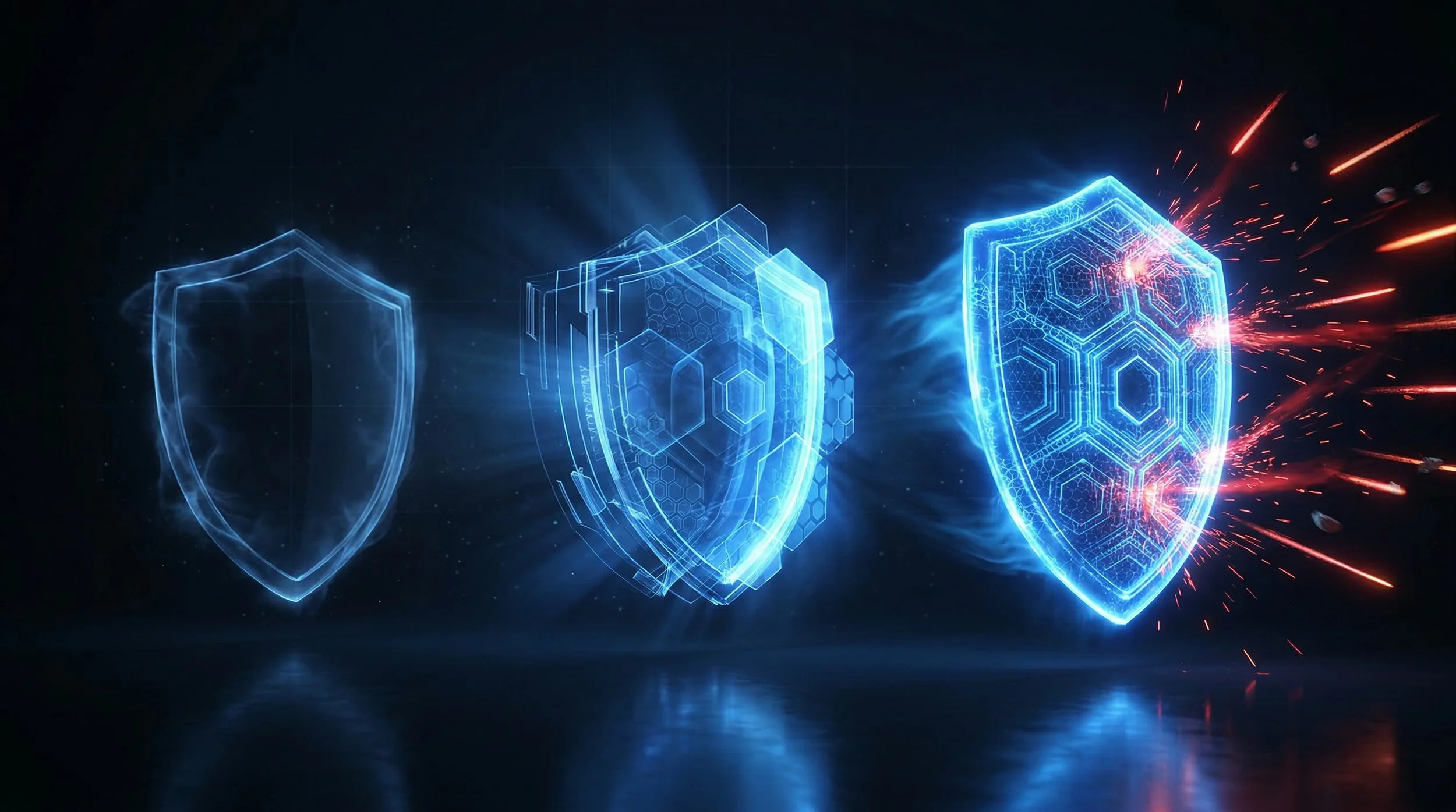 Abstract progression of shield strengthening in dark environment.