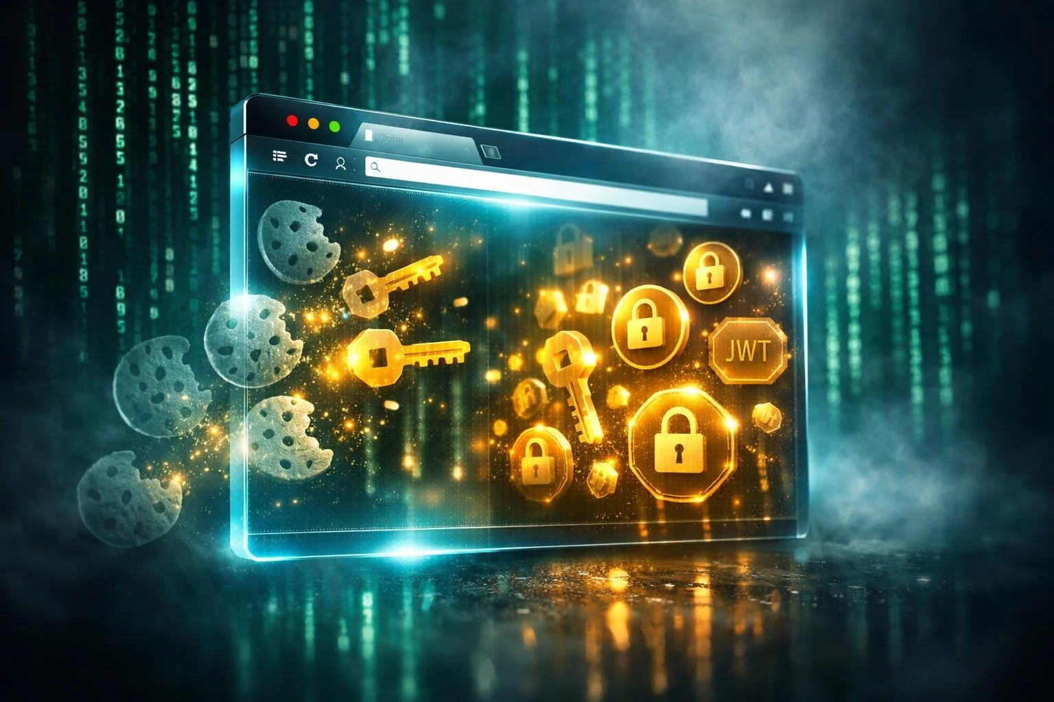 close-up shot of a glowing web browser window floating in dark space, filled with floating translucent cookie icons transforming into golden security keys and glowing session tokens