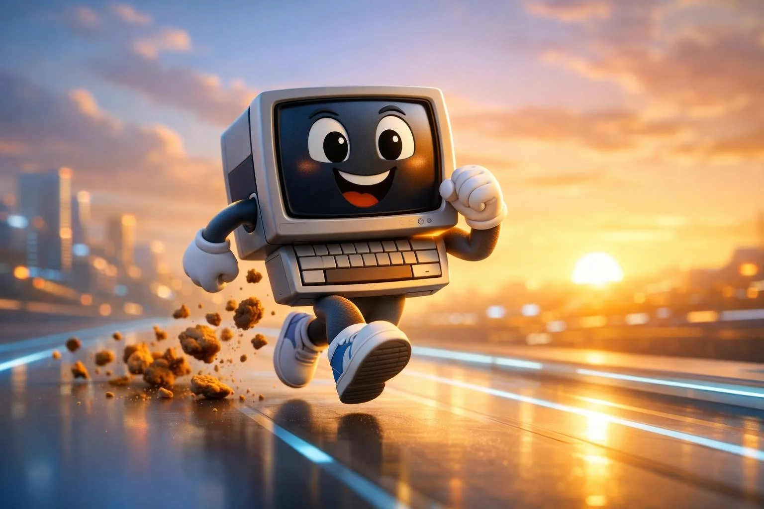 cute retro computer character jogging happily along a clean digital pathway, cookie crumbs trailing behind, bright sunrise in background. Optimistic and triumphant mood, warm golden hour lighting