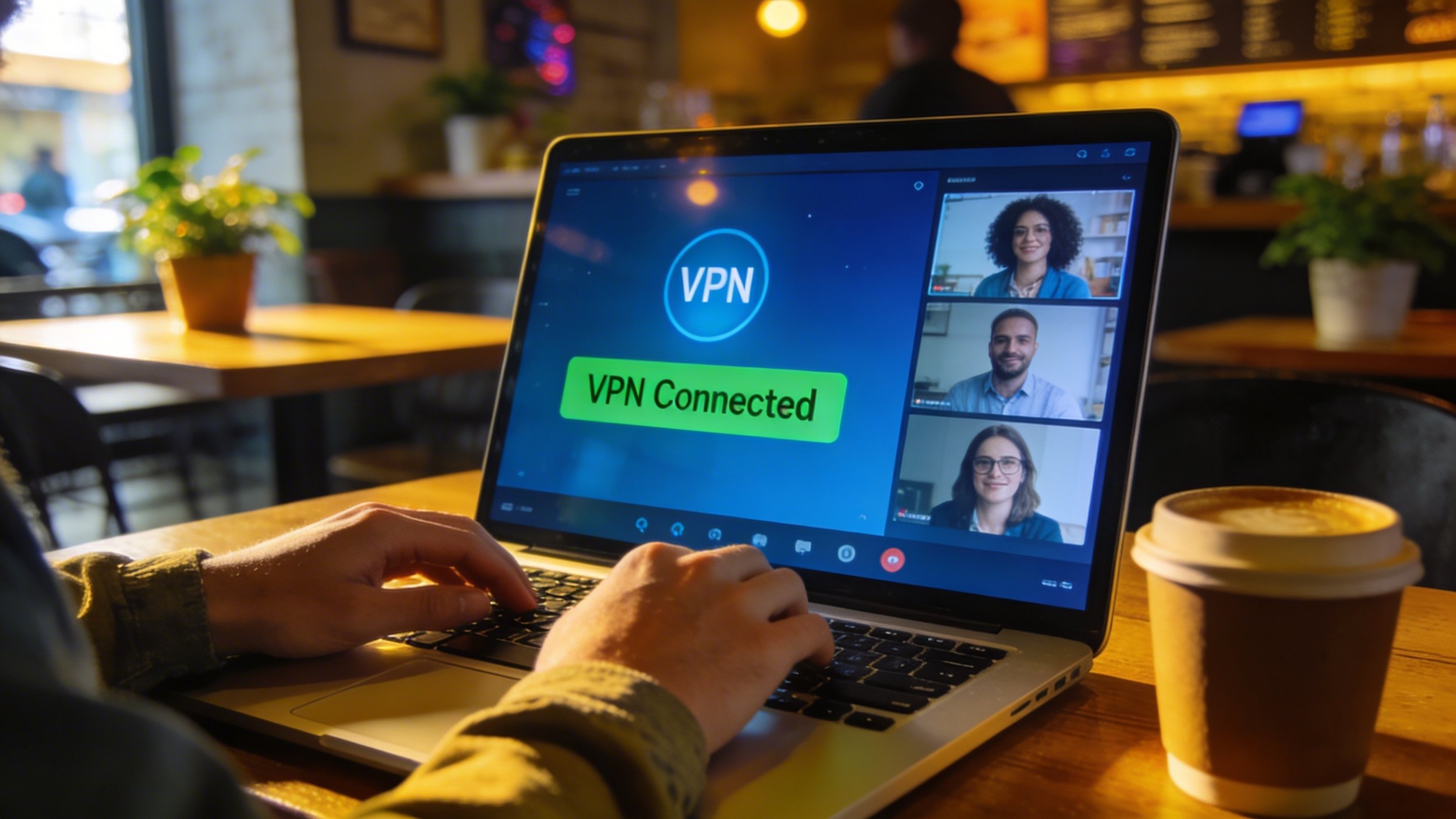 Person working from Coffee shop on laptop. Casual environment. VPN connection visible on screen or video call in progress.