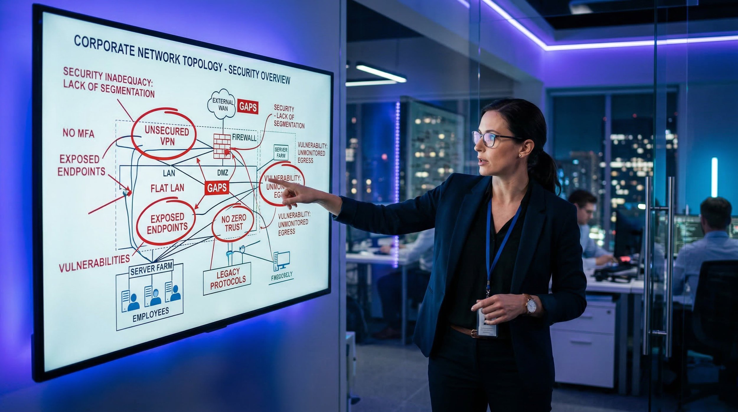 Traditional network security diagram with security professional gesturing at gaps or vulnerabilities.