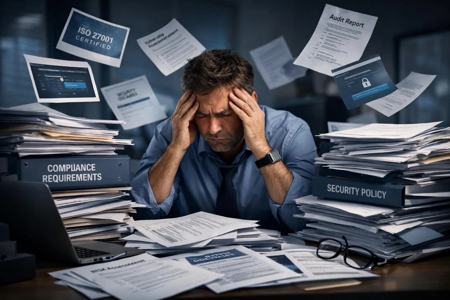 Overwhelmed business owner at desk buried under stacks of cybersecurity compliance documents, checklists, and requirements. Screenshots, certificates, and audit reports flying around.
