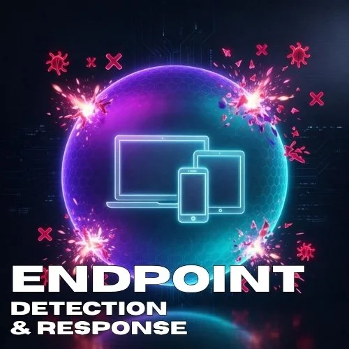 Graphic illustrating cybersecurity with a glowing globe, electronic devices, and digital explosions, promoting endpoint detection and response.