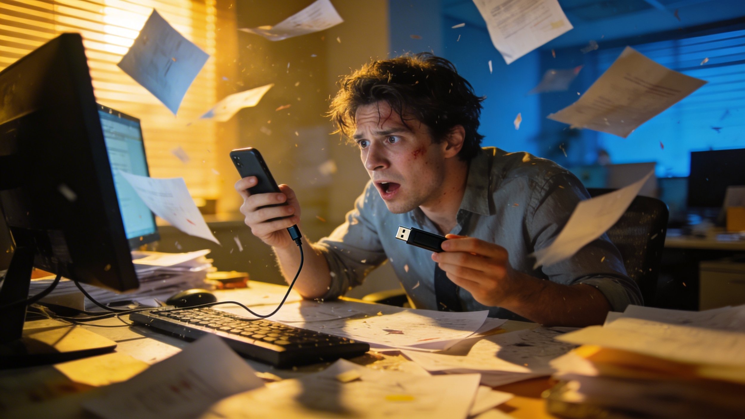 Frantic Office worker looking stressed or distracted at their desk. Papers scattered. Phone in one hand, trying to multitask. USB flash drive in hand.