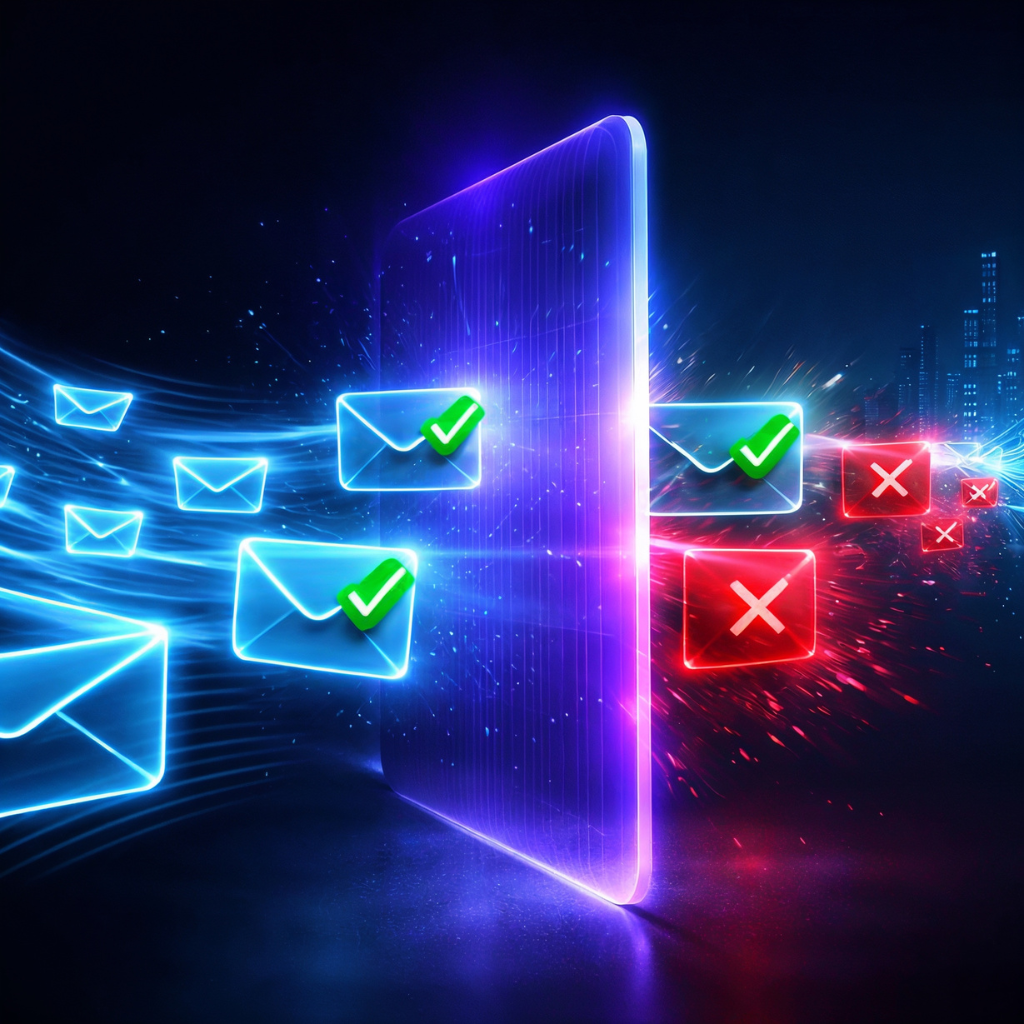 Digital illustration of an email inbox with incoming messages, some marked with green checkmarks and others marked with red crosses, representing email filtering or spam detection, with a dark cityscape background.