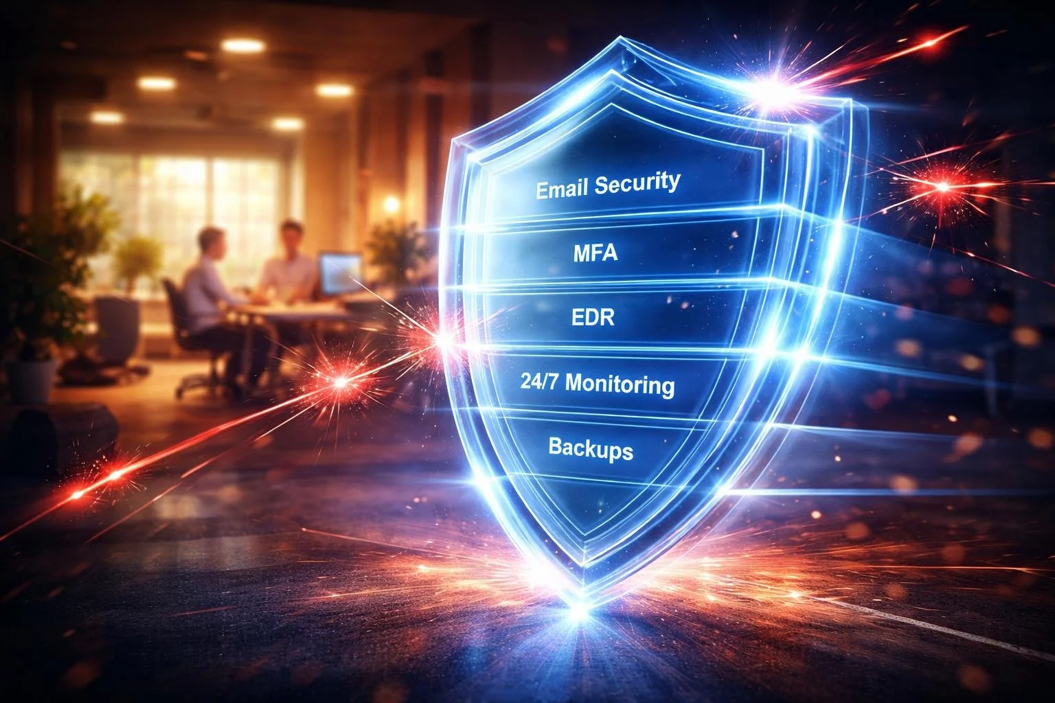 Gleaming multi-layered security shield in foreground (transparent layers showing: Email Security, MFA, EDR, 24/7 Monitoring, Backups)