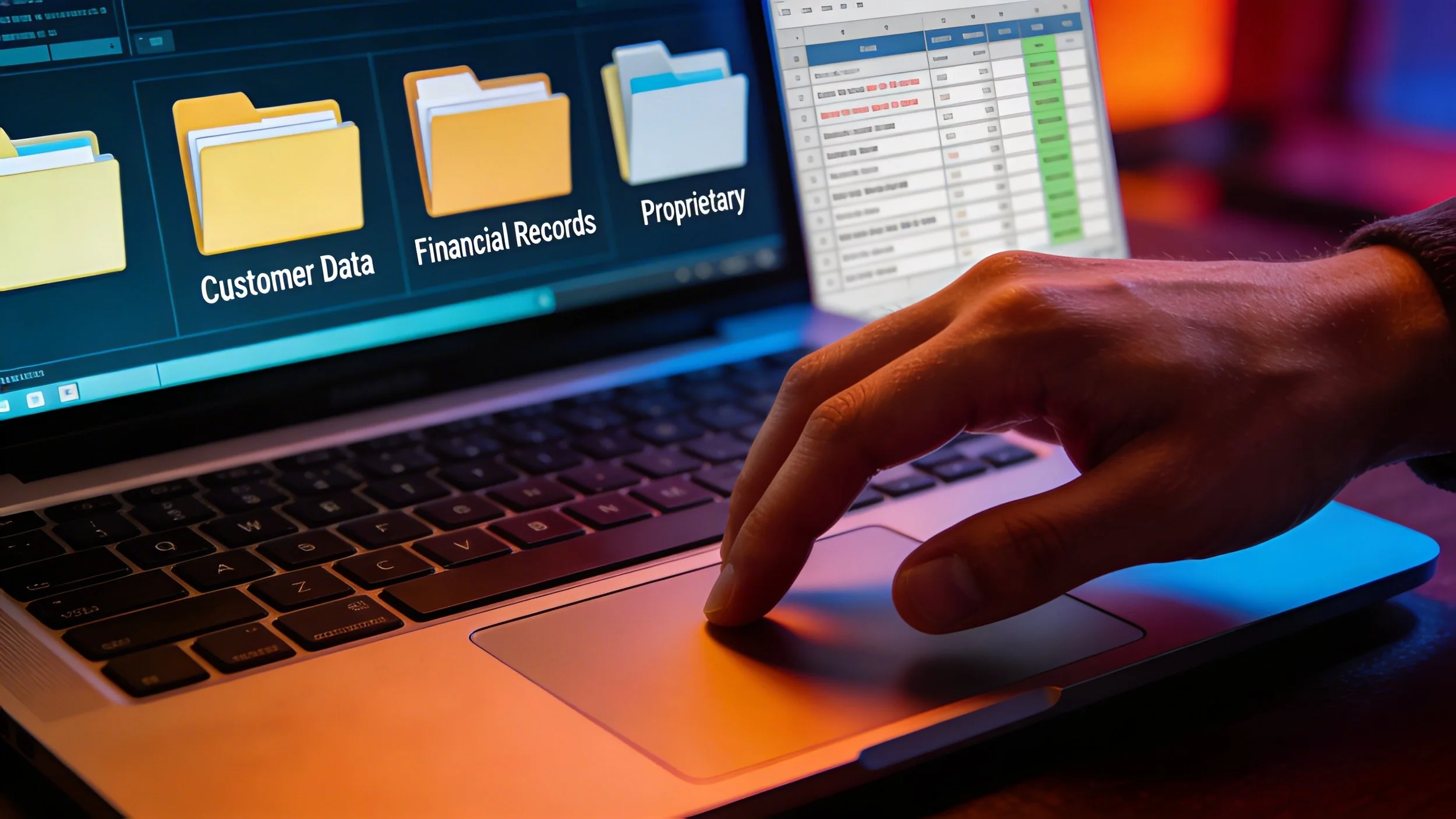 Business professional working with confidential customer data and sensitive company files on computer