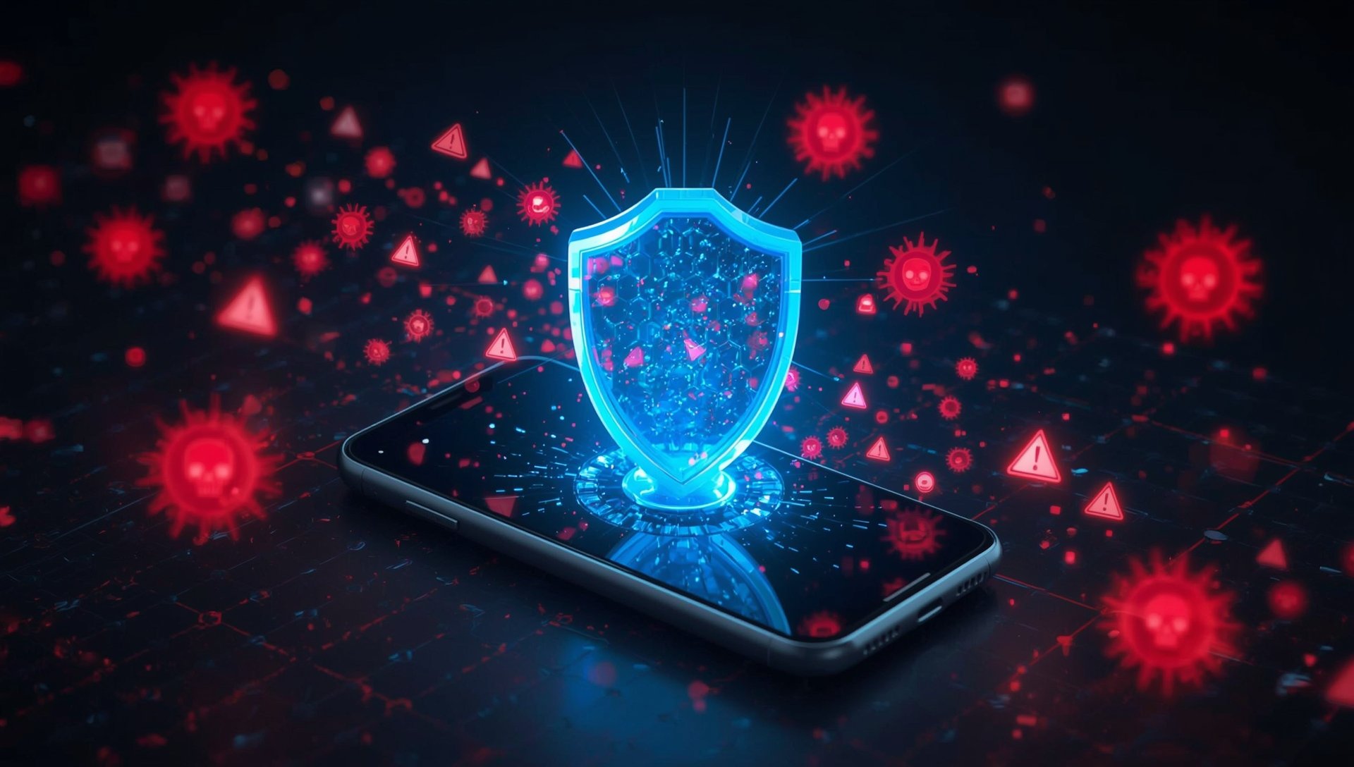 Smartphone protected by enterprise-grade blue security shield blocking red cyber threats and malware attacks representing Mobile Threat Defense