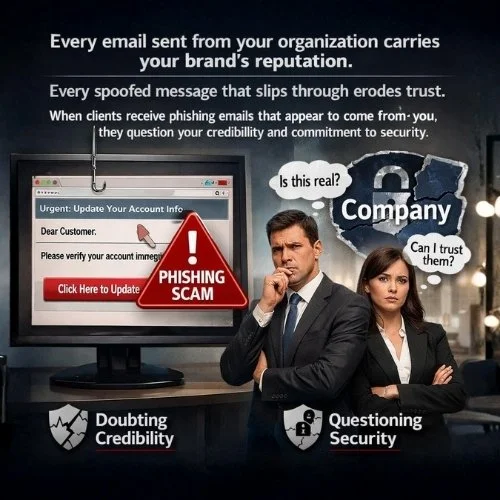 A graphic warning about email phishing scams featuring a man and woman in business attire with skeptical expressions, a computer screen showing a phishing email alert, and icons indicating doubting credibility and questioning security.