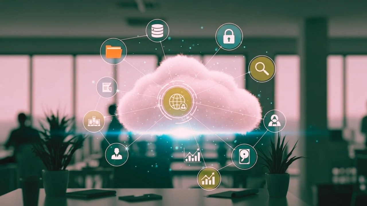 Cloud with internet and data security icons surrounding it, displayed in an office with blurred silhouettes of people and plants in the background.