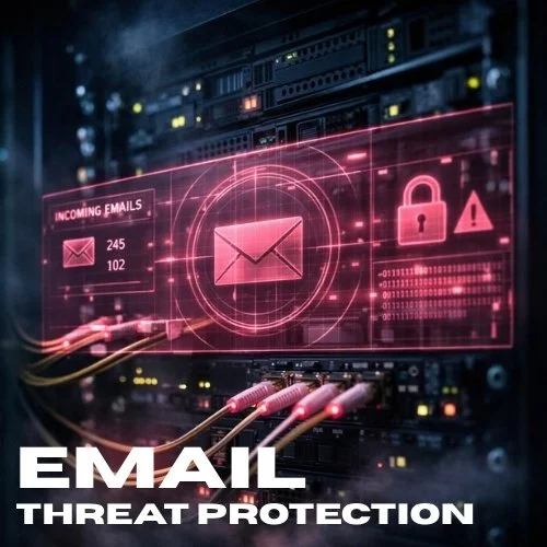 A digital screen displaying an email threat protection alert with incoming emails, a lock icon, and warning symbols, set in a data center with server equipment.