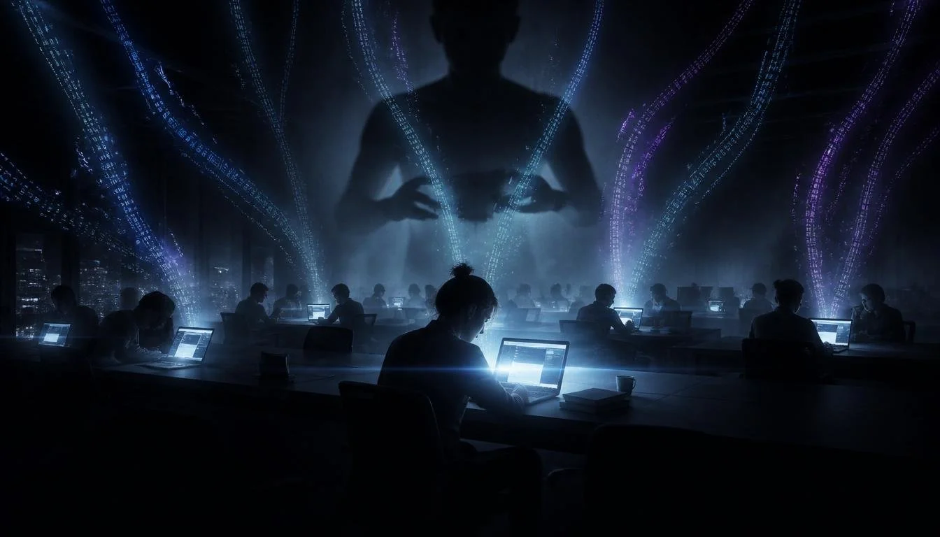 multiple office workers shown as DARK SILHOUETTES at desks with bright glowing laptop screens, their silhouettes backlit creating haunting shadow effect against the bright screens, foreground shows one silhouetted figure representing AI