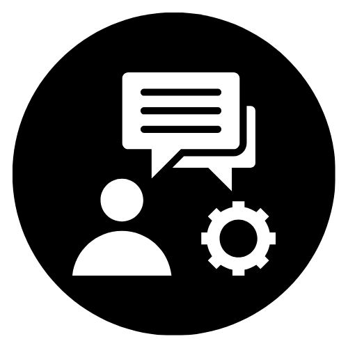Icon of a person with speech bubbles and a gear, representing communication or settings.