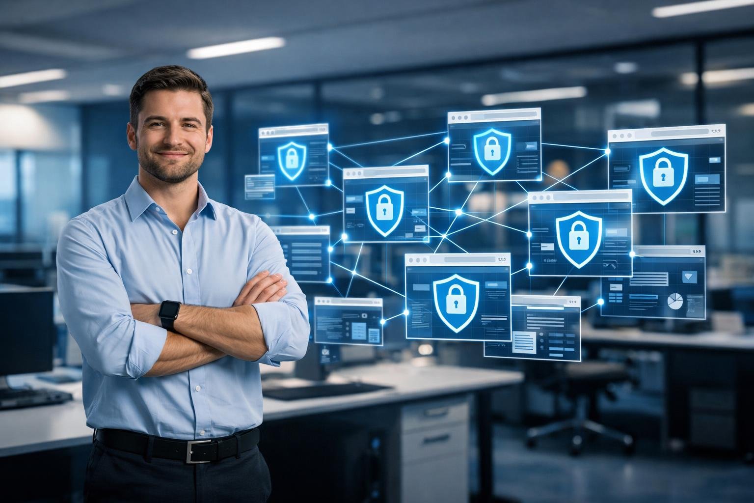 professional IT administrator in modern office, arms crossed confidently, standing in front of holographic display showing network of secured browser windows with shield icons