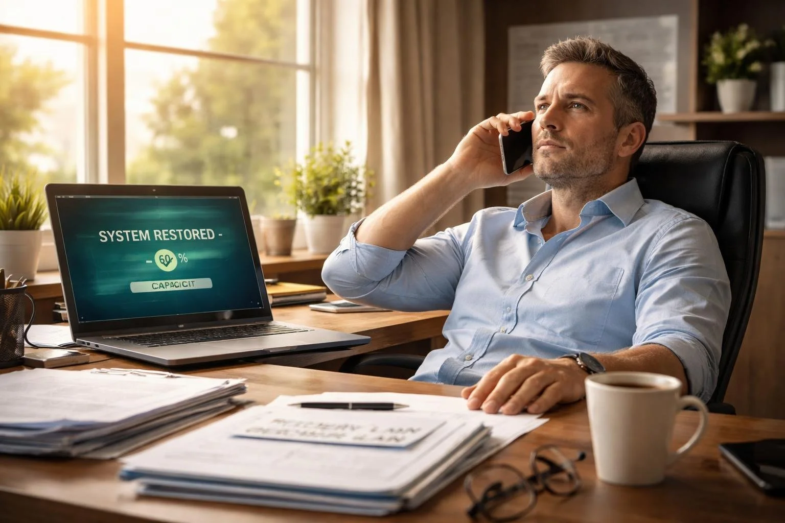 Business owner at same desk, Laptop shows "SYSTEM RESTORED - 60% CAPACITY" instead of ransom note.